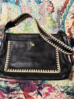 Lucky Brand Black Leather Shoulder Bag with Cream Whipstitch
